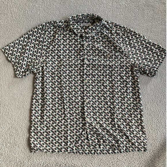 Tommy Bahama Button Shirt Large Silk Geometric Short Sleeve Black Green Retro - Picture 2 of 13